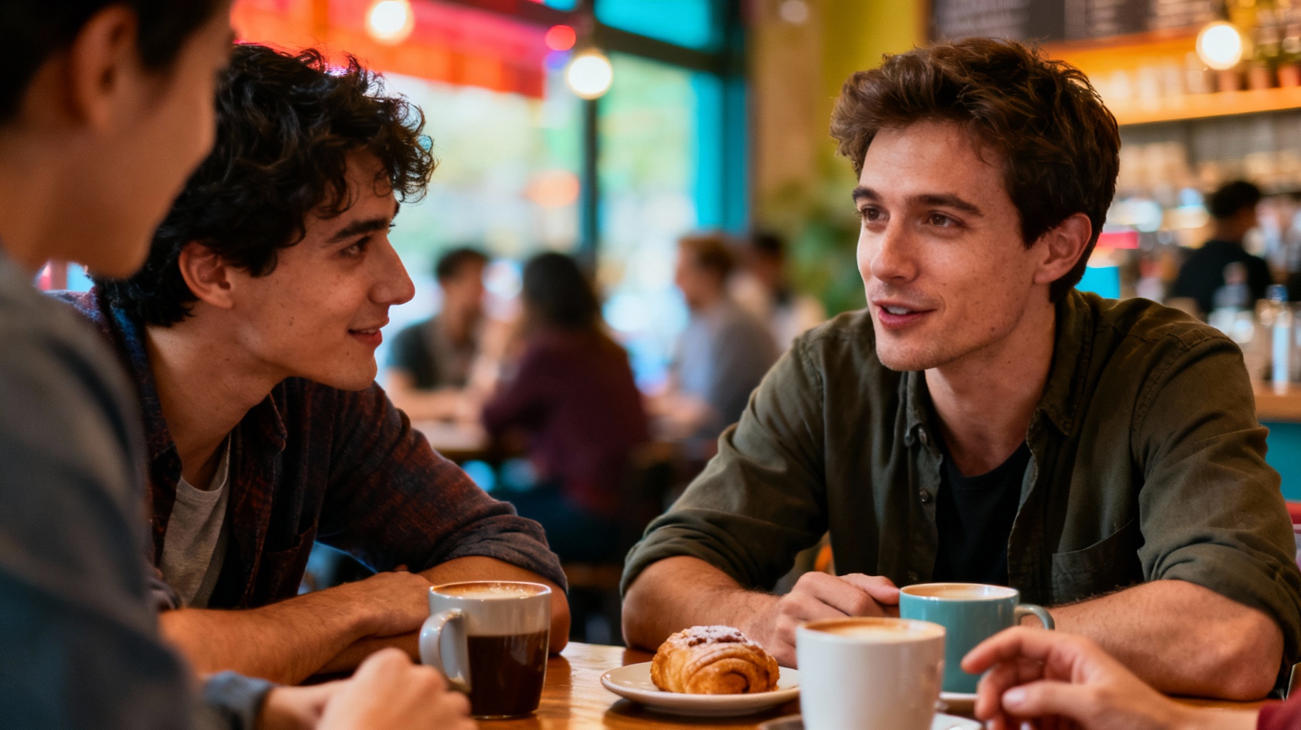 Small introverted group listening and conversing over coffee, demonstrating thoughtful interaction and gentle engagement typical of introvert behaviour