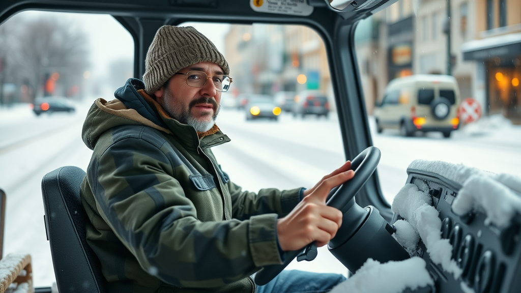 competent snow plow operator providing snow plowing services in a snowy urban street