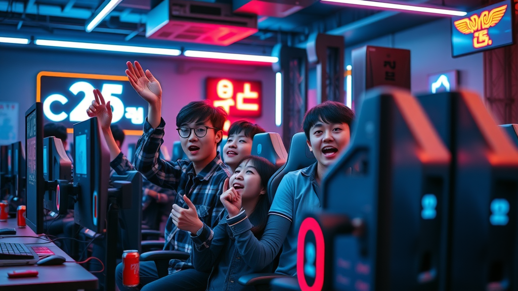 Group of Korean friends enjoying gaming together at a PC bang, showcasing trendy hobbies in Korea