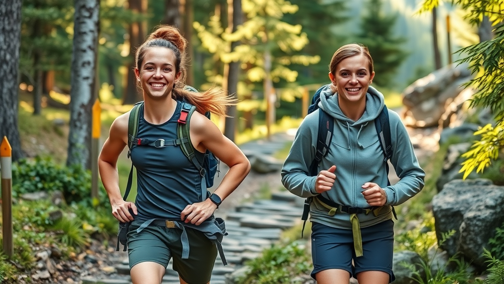 Two friends outdoors, one dressed for trail running, the other for hiking — motivated, smiling, showing gear differences on forest and mountain trail illustrating outdoor fitness trends