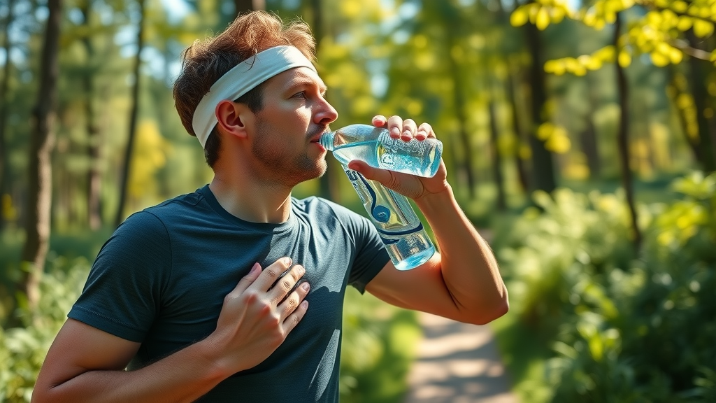 Experienced runner pausing to drink water on outdoor trail — healthy, mid-sip surrounded by sun-dappled woodland illustrating outdoor fitness trends