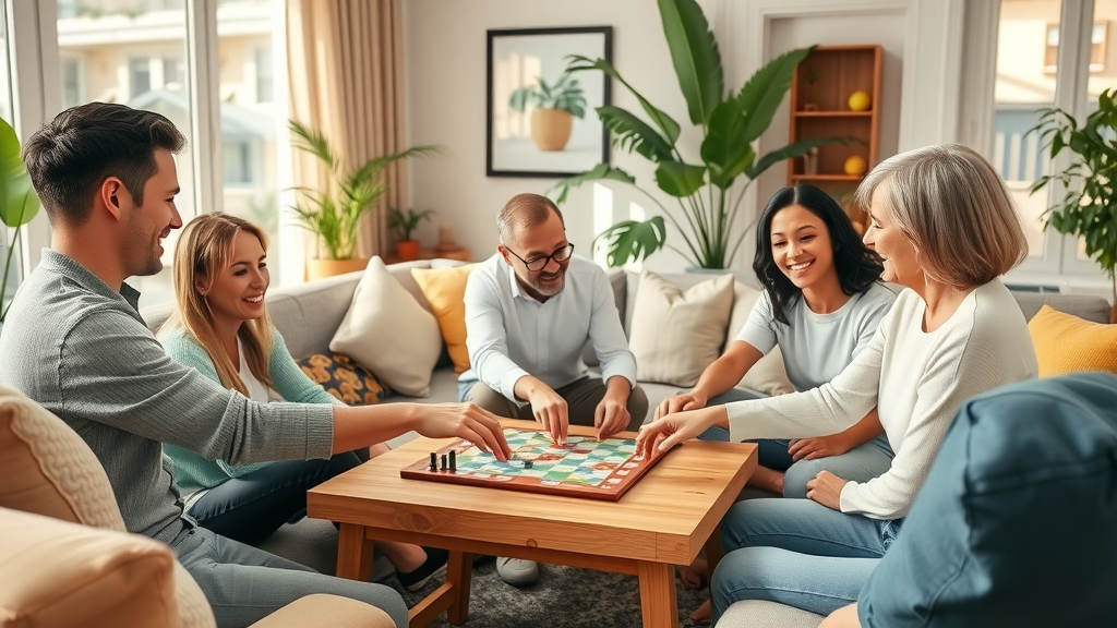 Group enjoying a board game in an inviting living room, illustrating hobbies for stress relief integration