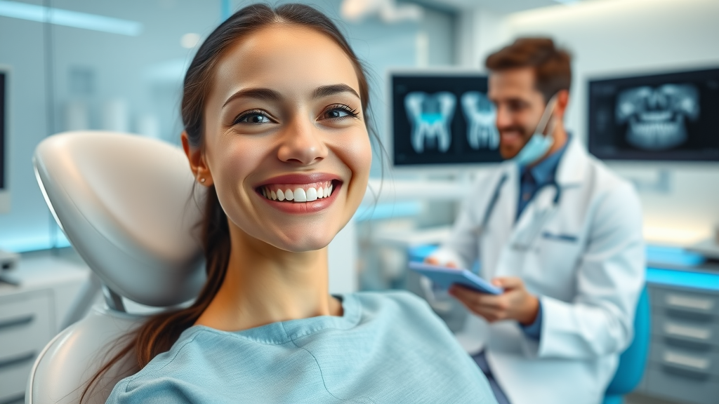 Smiling woman getting modern dental treatment services with friendly dentist
