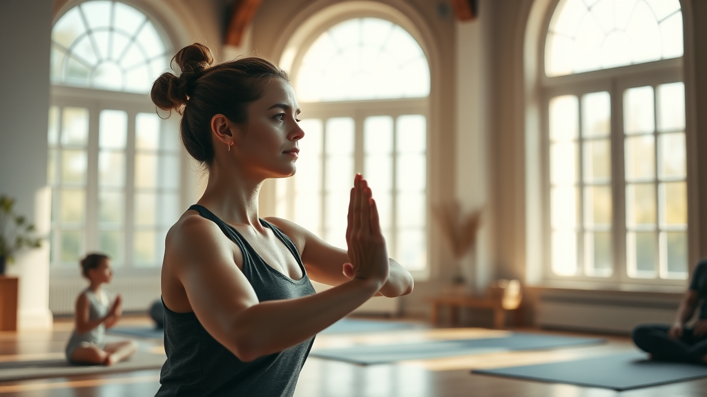 Person practicing Pilates in peaceful yoga studio for hobbies for stress relief