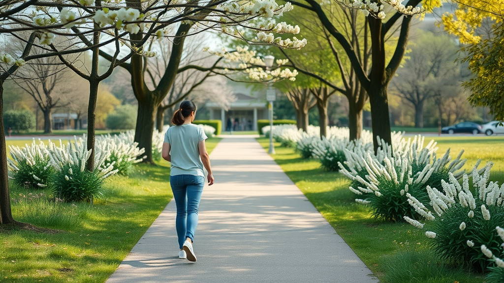 Person walking in serene park showcasing hobbies for stress relief