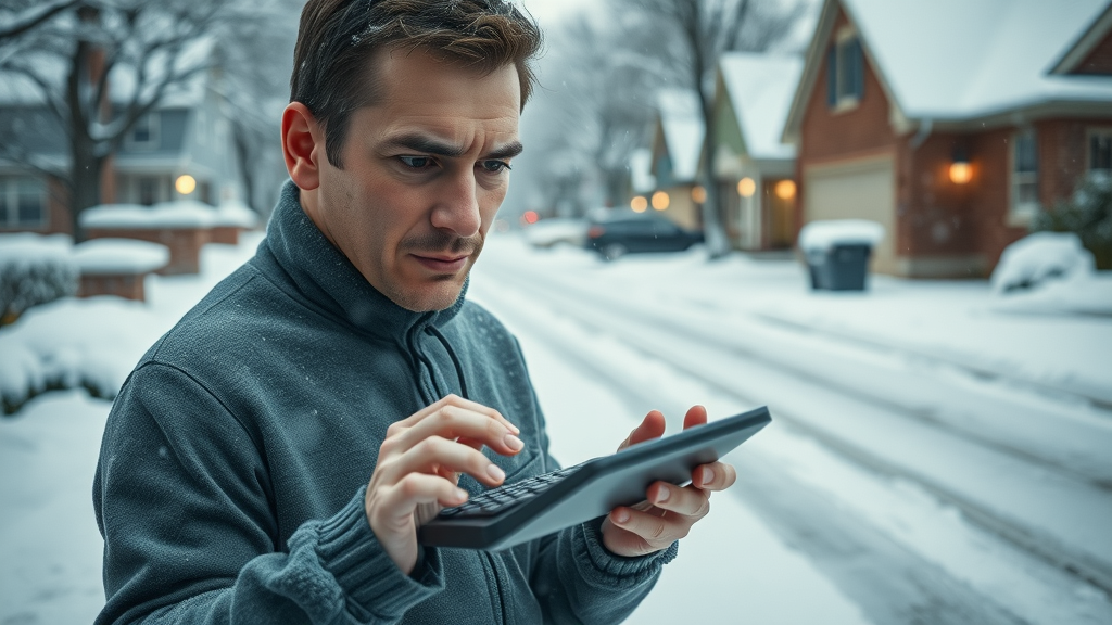 calculator analyzing snow removal service costs on a snowy driveway