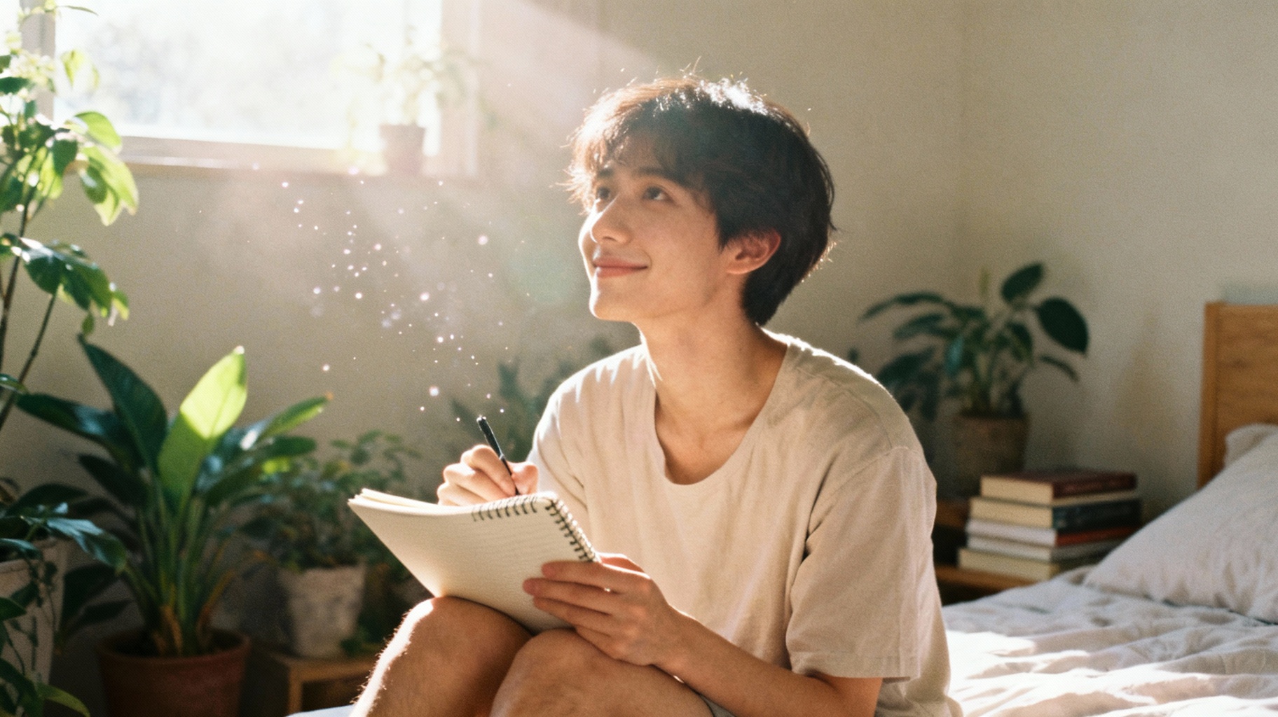 Imaginative introverted person alone, drawing or writing in a sunlit room, illustrating the rich inner world and lot of time spent in contemplation