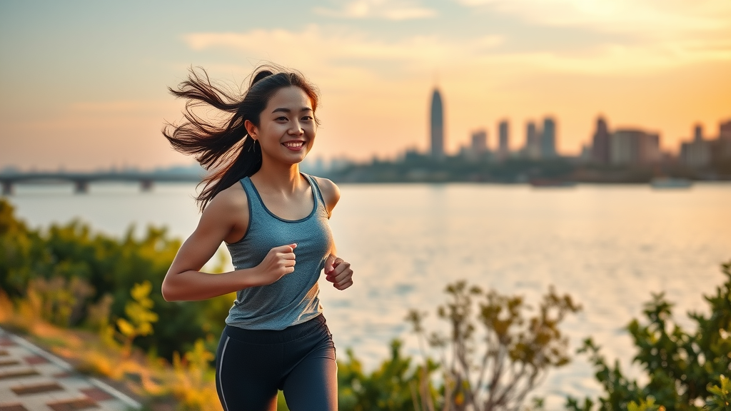 Korean woman jogging along the Han River at sunset, showcasing the benefits of trendy hobbies in Korea