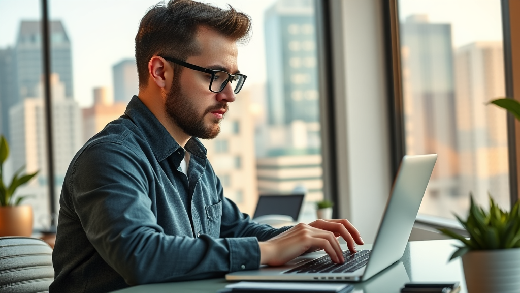 entrepreneur typing on a blog CMS in a modern office, detailed workspace