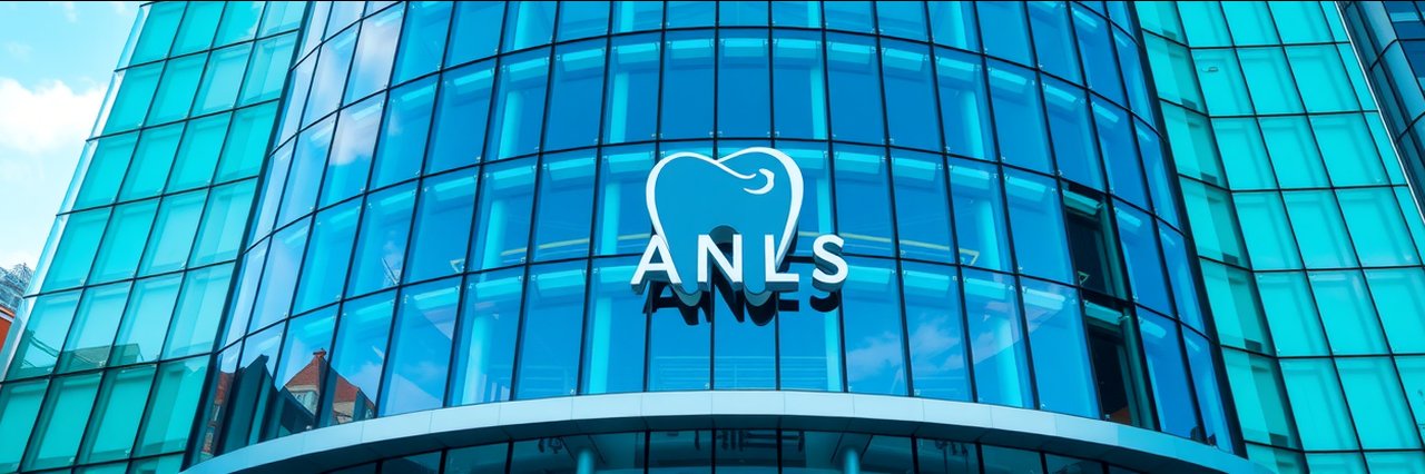 Modern hospital for dental treatment services with glass facade and dental logo