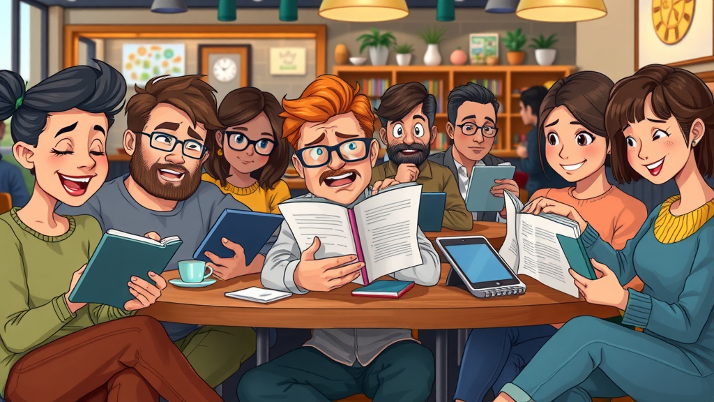 diverse group reading blog posts on devices in a cozy cafe