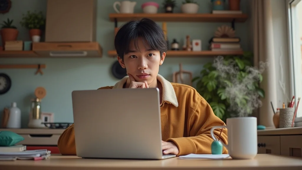 Thoughtful young adult browsing hobby options online aligning with the importance of hobbies