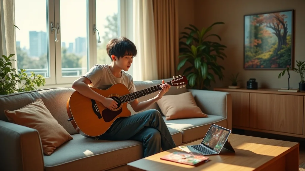 Balanced Korean living room interior with guitar playing and video gaming — illustrating balancing indoor and outdoor hobbies for trendy hobbies in Korea