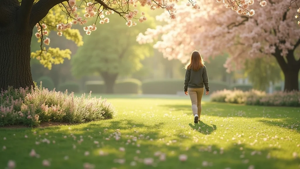 Person walking in a park with blooming flowers, best hobbies for relaxation
