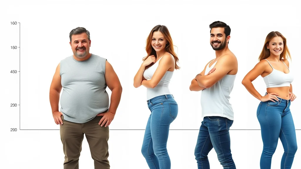 Illustration of individuals transforming body shapes throughout stages of weight loss on keto diet