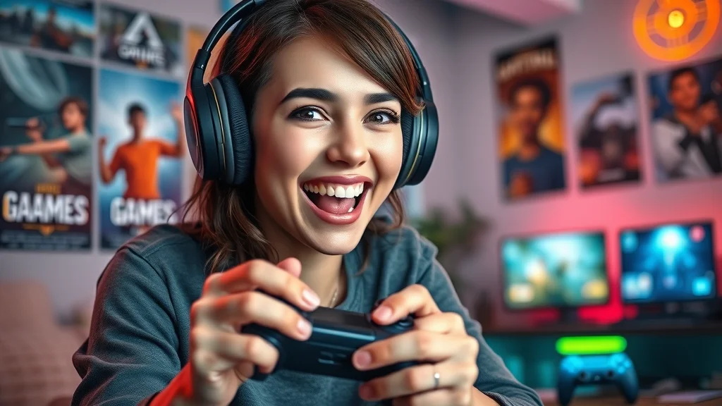 Happy young woman gaming with a controller in a colorful LED-lit room.