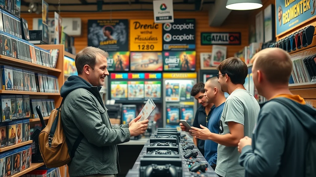 Local gaming shop shopkeeper helping customers pick video game accessories