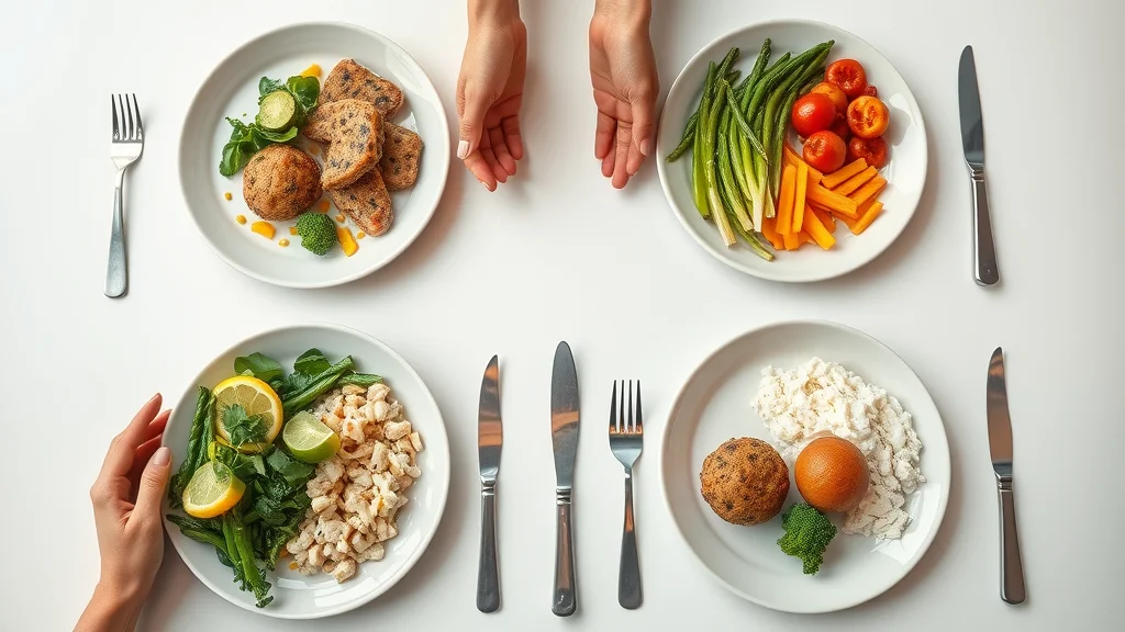 Side-by-side plates representing keto diet, Atkins diet, and carb diet meal compositions