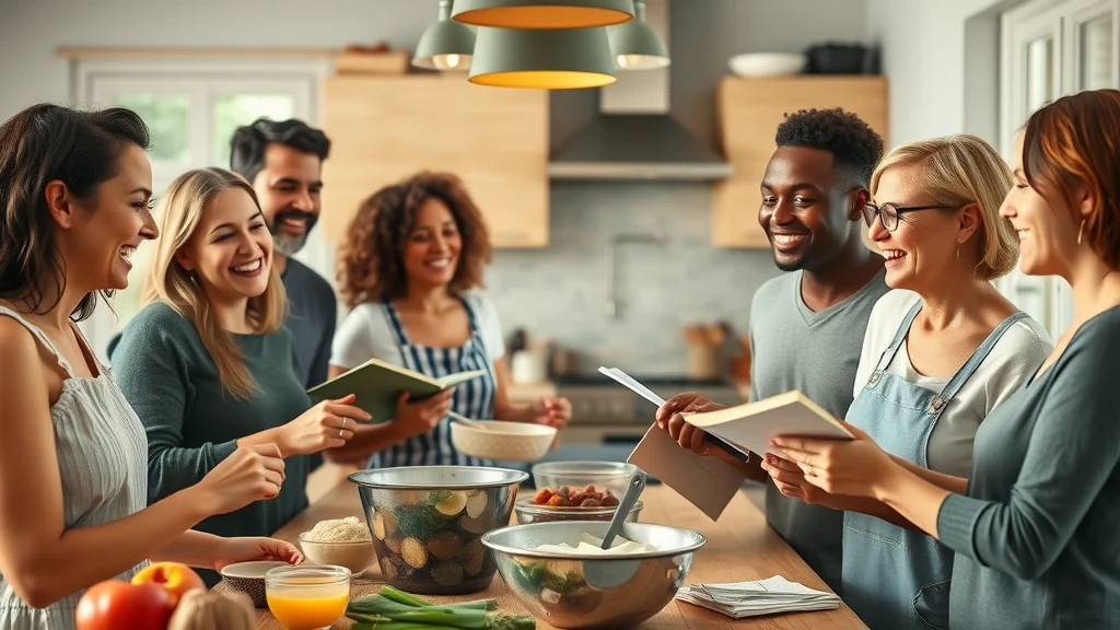 Diverse group sharing keto recipes in a welcoming home kitchen
