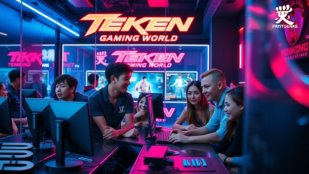 Team of gamers collaborating in futuristic Tekken Gaming World video gaming lounge