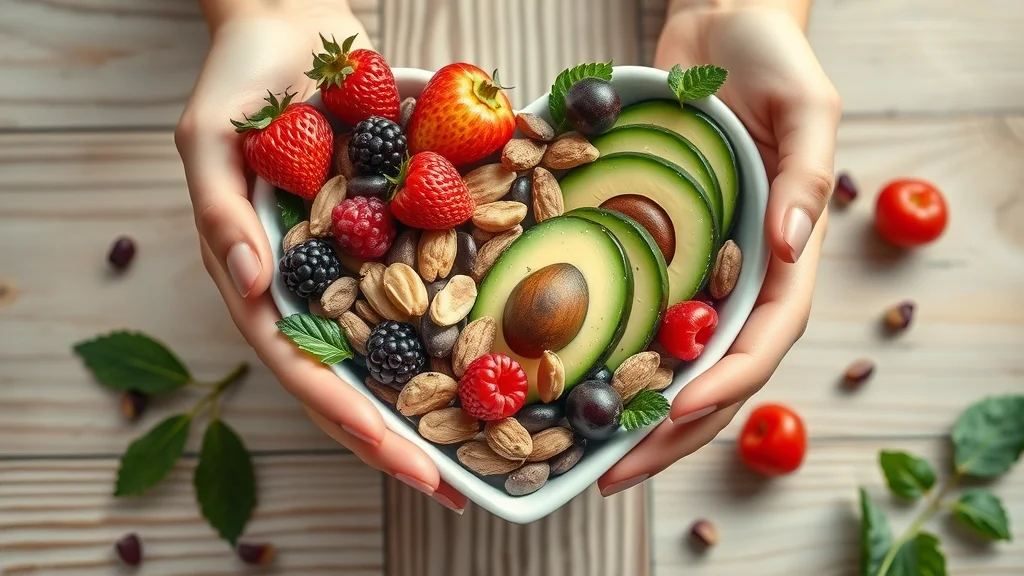 Heart-shaped bowl filled with avocado, nuts, olive oil, and berries symbolizing keto diet heart health