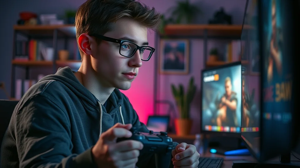 Focused gamer mastering skills in atmospheric video gaming setup