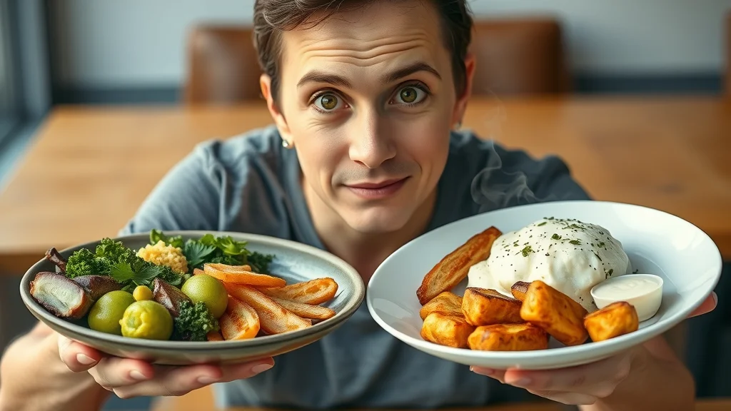 Person holding keto-friendly and carb-heavy plates for comparison, showing vibrant keto foods versus white bread and pasta