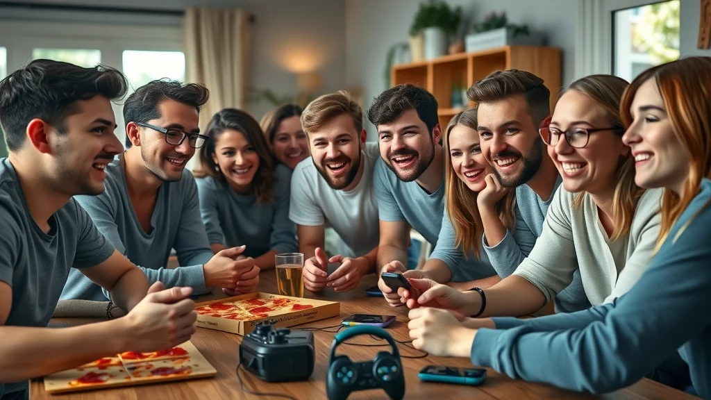 Friends playing multiplayer video games in a lively, welcoming living room.