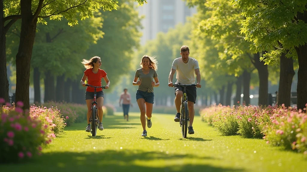 Vibrant park scene with people jogging and cycling in Korea enjoying nature — trending outdoor hobbies in Korea