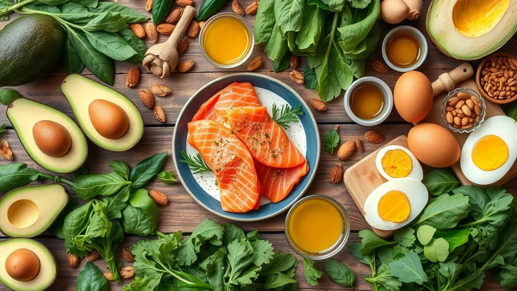 Flat lay of abundant keto diet foods including avocados, salmon, eggs, leafy greens, olive oil, nuts and seeds