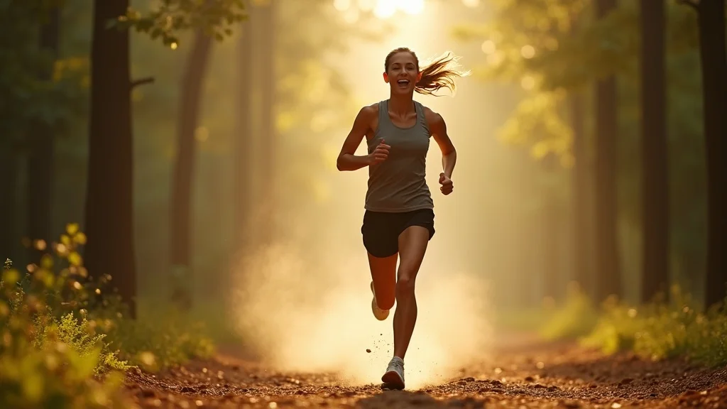 Energetic young woman jogging on a forest trail symbolizing advantages of active hobbies