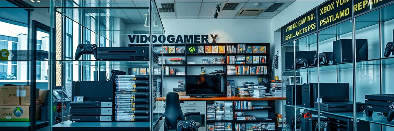 Modern video gaming repair shop with consoles and accessories on display