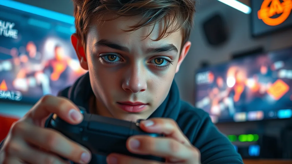 Intense young gamer focusing deeply with controller amid immersive video gaming setup