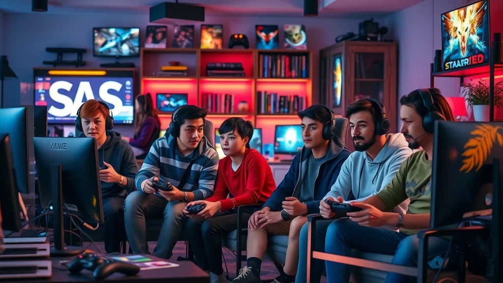 Gamers focusing together in a vibrant, ergonomic video gaming environment