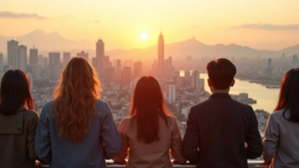 Optimistic sunrise cityscape in Seoul featuring young diverse people engaging in trendy hobbies in Korea