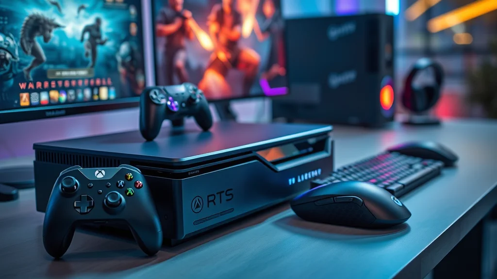 High-tech video gaming accessories and console on modern desk