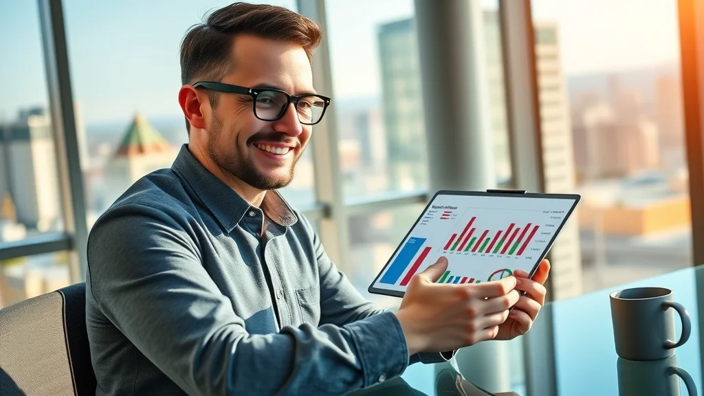 Edmonton entrepreneur reviewing positive SEO reports on rankings and ROI in a modern office