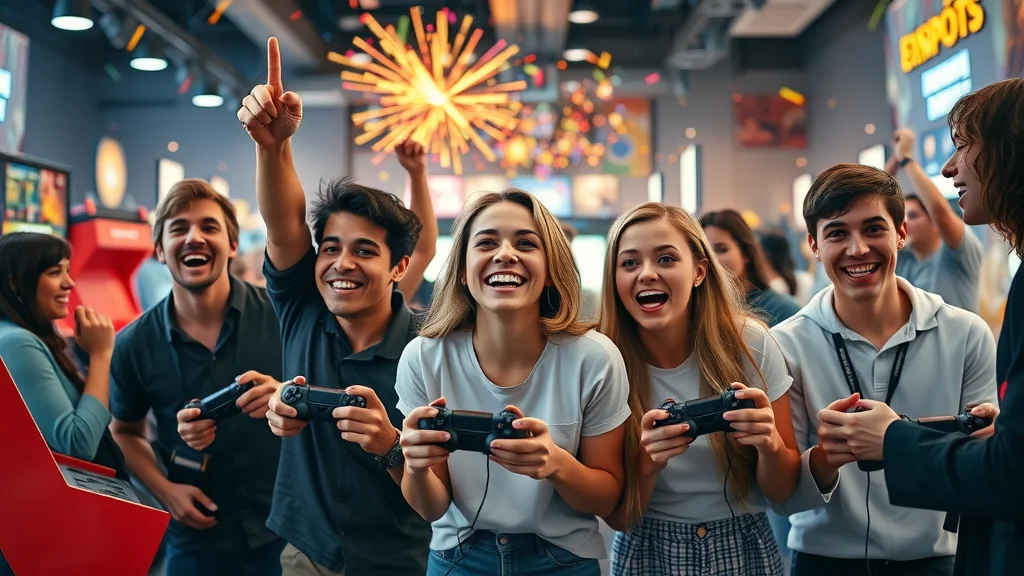 Diverse gamers celebrating success and teamwork in arcade and eSports environment