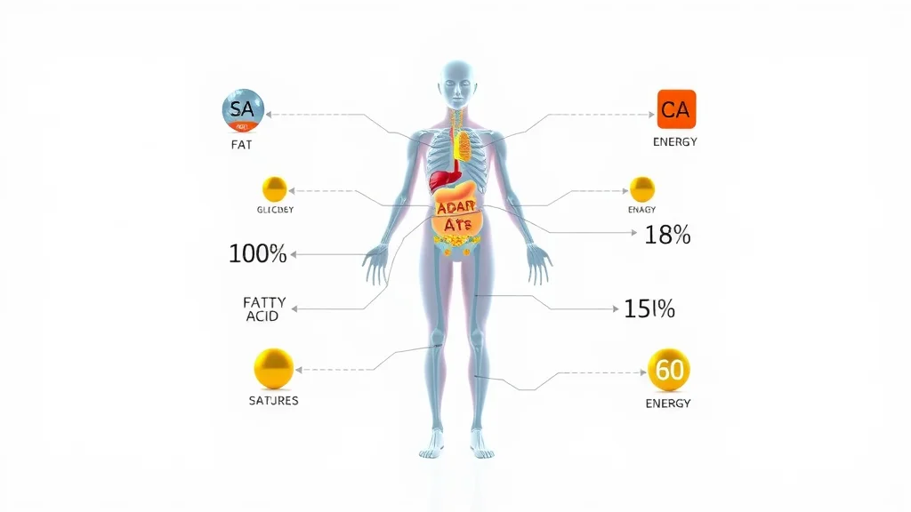 Metabolic infographic of the keto diet, showing human outline, fatty acids, glucose flow, and energy conversion