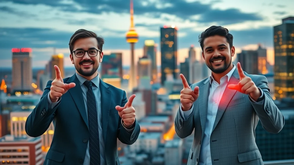 Vibrant Edmonton cityscape at dusk shows professionals engaging with search engine optimization and digital marketing for local business visibility