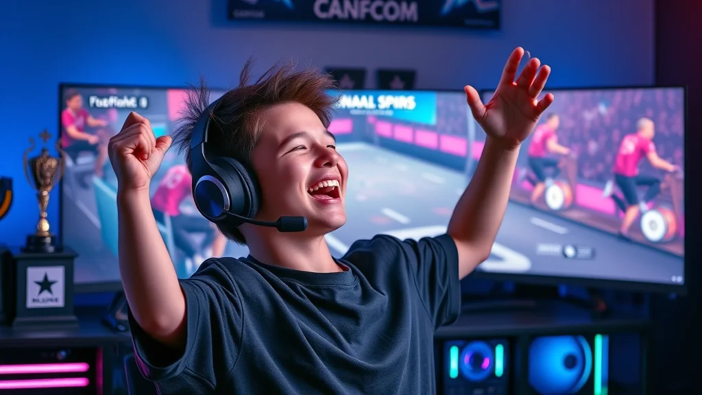 Excited young gamer celebrating victory in esports gaming setup