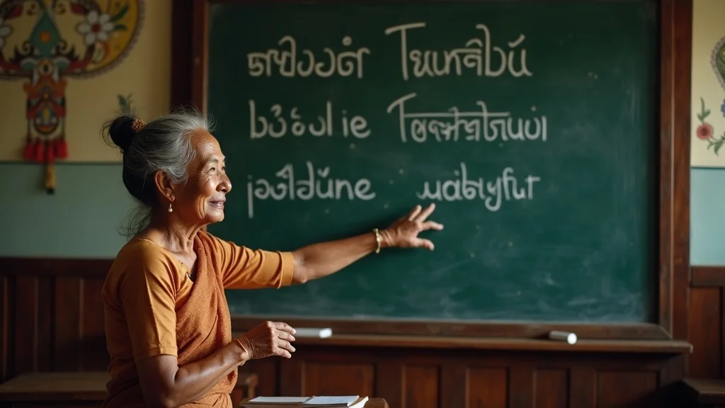 Elder Myanmar teacher teaching Burmese on chalkboard in classroom, myanmar national language