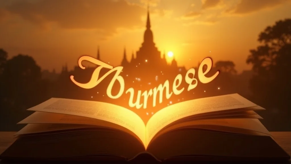 Burmese script emerging from language book in front of Shwedagon Pagoda, myanmar national language