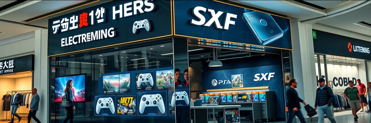 Colorful video gaming shop storefront with signage and consoles in a busy mall