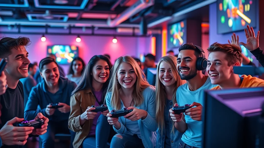 Diverse gamers enjoying video gaming at a neon-lit gaming center lounge.