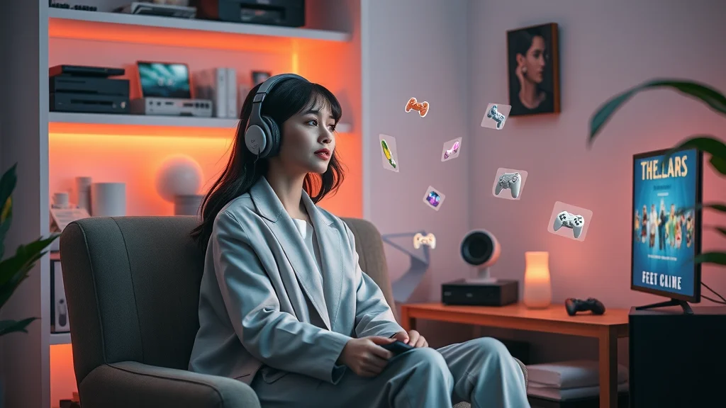 Female gamer concentrating in a relaxed, stylish video gaming space