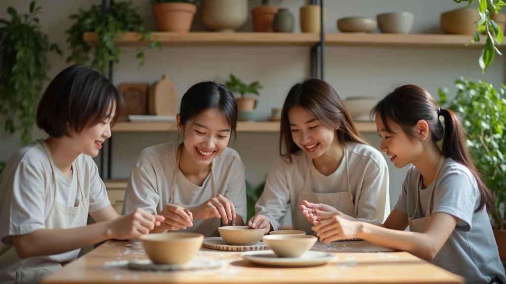 Inviting communal hobby class in a modern Korean studio — pottery workshop highlighting trendy hobbies in Korea