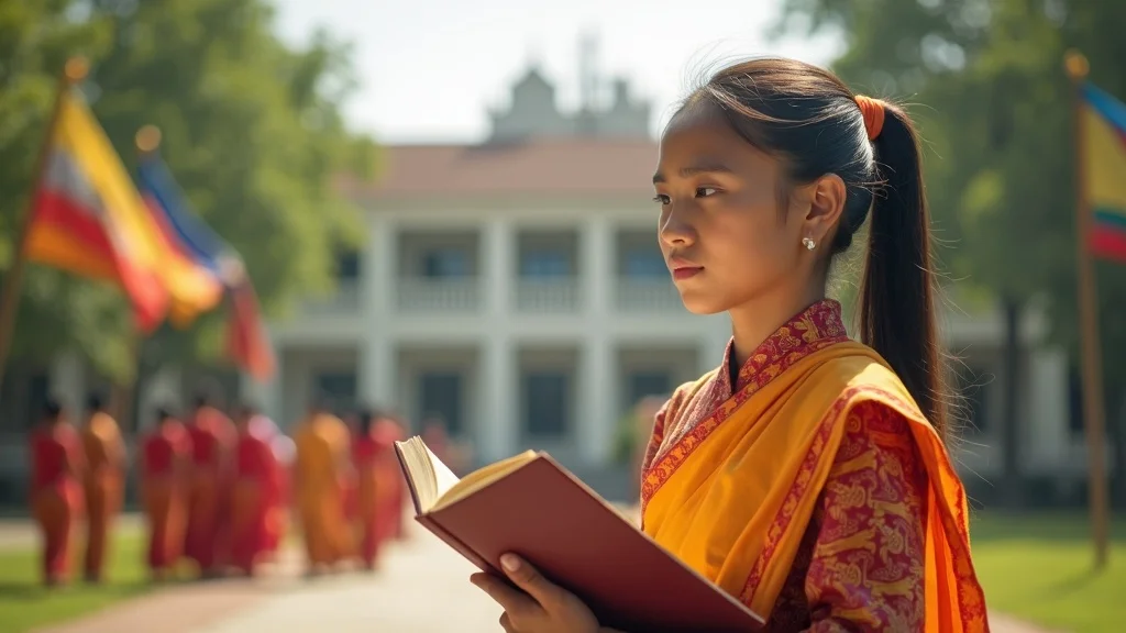 Young Myanmar student on Yangon campus holding Burmese language book, myanmar national language