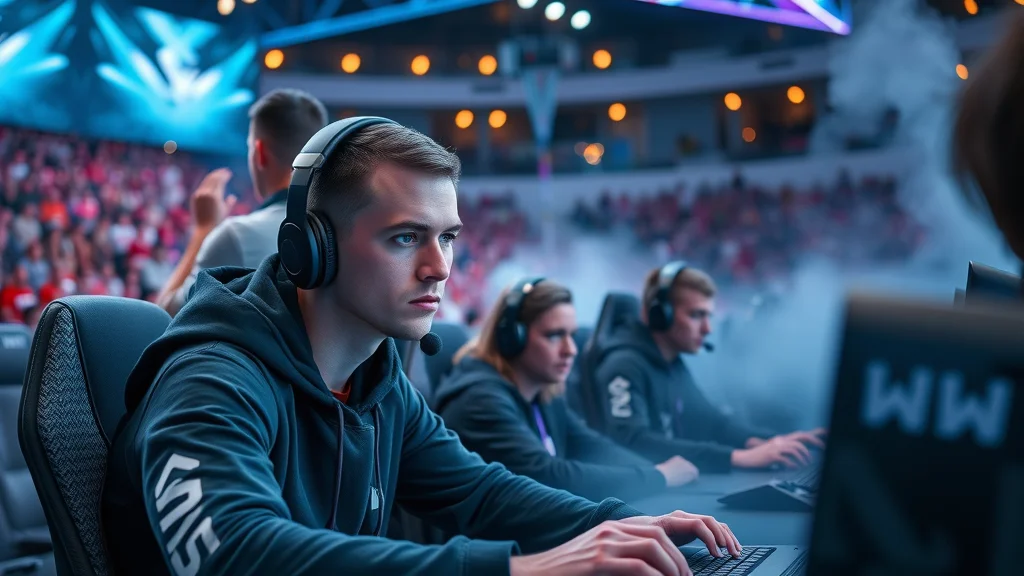 Esports players focused at video gaming tournament with energetic LED arena.